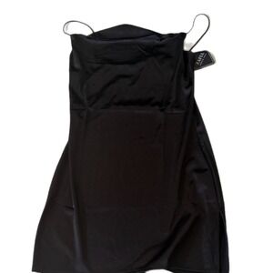 Zaful Black Satin Mini Slip Dress Cowl Neck Spaghetti Strap Side Slit NWT